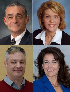 Our 2016 breakfast speakers and moderator. From top left: Mike Sotelo, founder of Consolidar and Plaza Bank, Dr. Amy Morrison Goings, President of Lake Washington Institute of Technology, Colleen McAleer, President of the Washington Business Alliance, and Will Sarrett, Director of NewTech Skill Center in Spokane